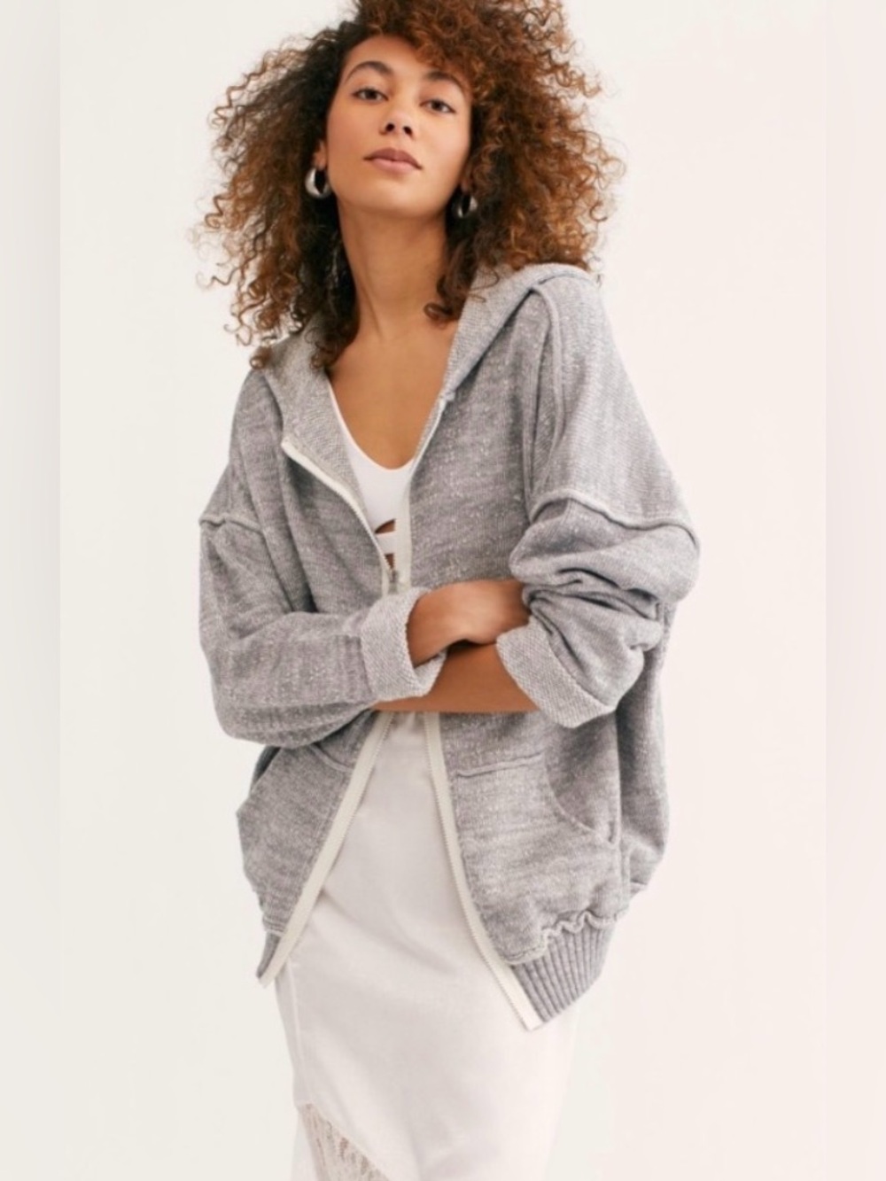 Free People Gray In Bloom Full Zip Hoodie Oversized SZ XS Slouchy Grunge Boho